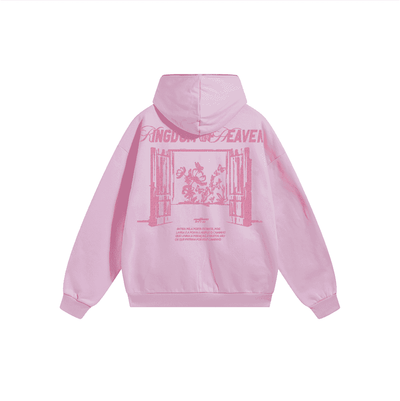 Oversized pink sweatshirt with KINGDOM OF HEAVEN graphic and ribbed trims, made of heavyweight cotton.