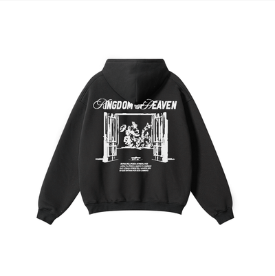 Oversized black hoodie with KINGDOM OF HEAVEN graphic on the back, featuring ribbed trims and heavyweight cotton.