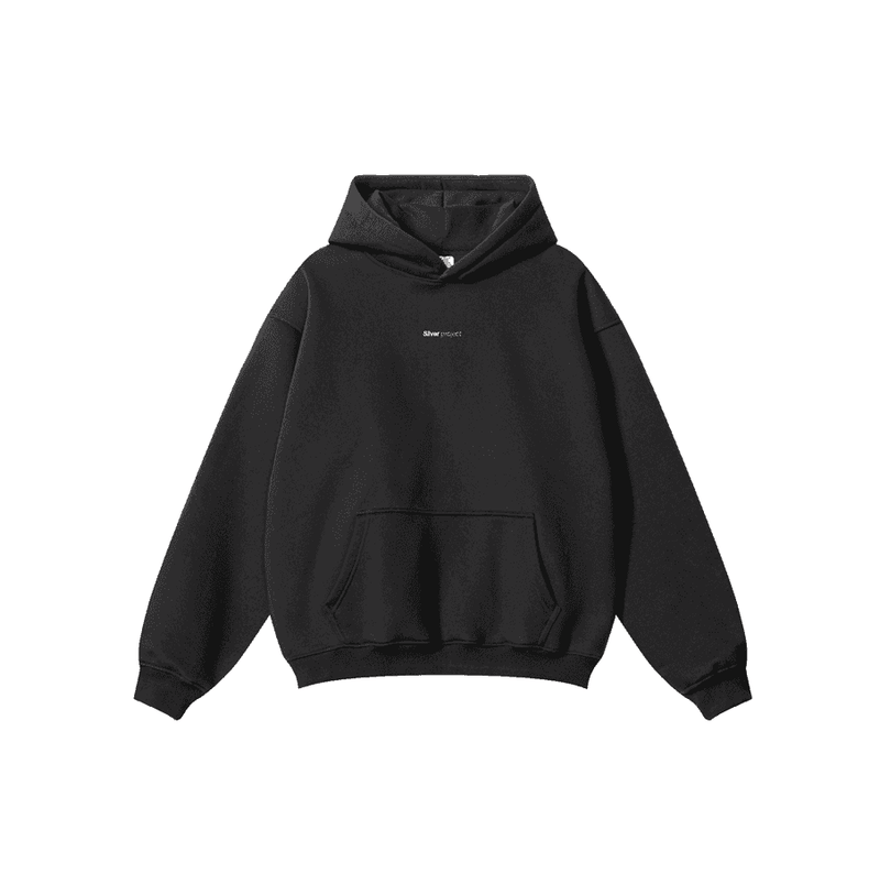 Oversized black hoodie sweatshirt with ribbed trims and front pocket, ideal for casual wear.