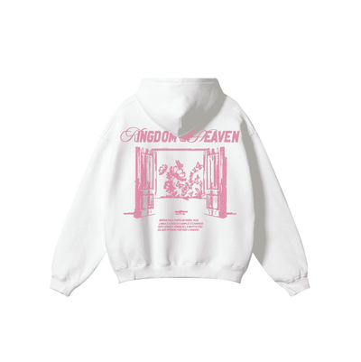 Oversized white hoodie with pink 'KINGDOM OF HEAVEN' graphic on back, ribbed cuffs and hem, made from heavyweight cotton.