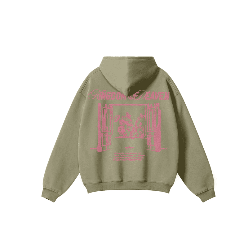 Oversized olive green hoodie featuring KINGDOM OF HEAVEN graphic on the back, made from heavyweight cotton.