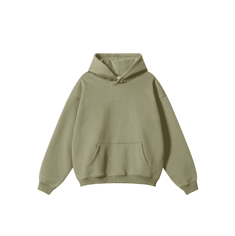 Oversized olive green hoodie sweatshirt with ribbed trims and front pocket, made from heavyweight cotton blend.